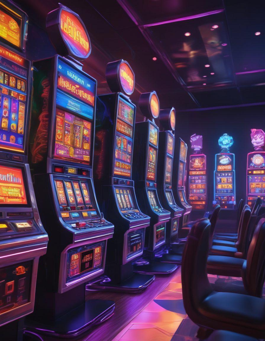 An engaging scene of a virtual casino with rows of colorful slot machines, vibrant neon lights reflecting off shiny surfaces, and players interacting with touch screens showcasing various games. Incorporate elements of strategy, like chess pieces subtly integrated into the slot machine designs, and a digital leaderboard displaying high scores. The atmosphere should be electric, enticing, and immersive. 3D. vibrant colors. cyberpunk.