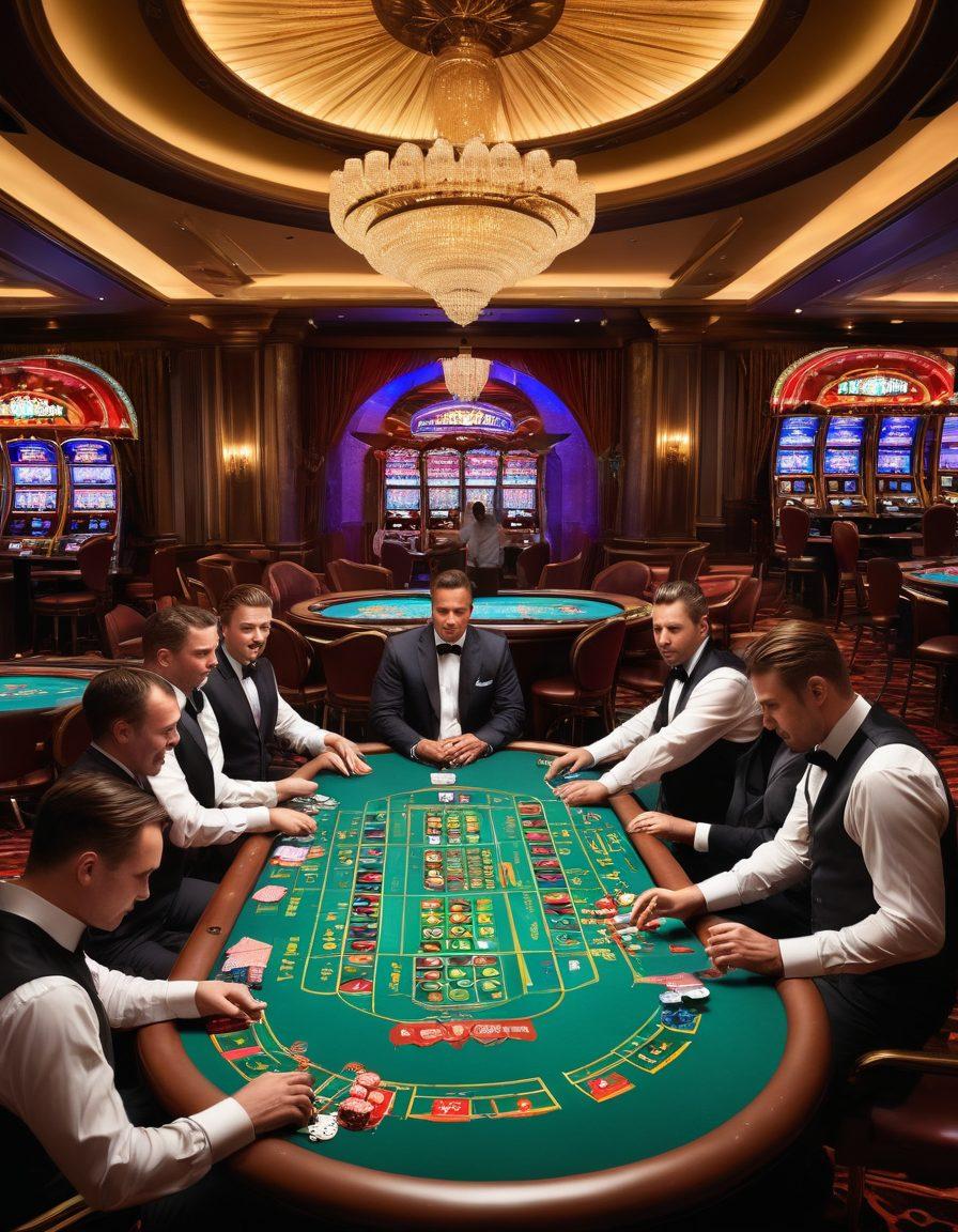 A high-stakes casino scene filled with vibrant, colorful lights and intense energy. Include a diverse group of excited gamblers at a poker table, showcasing a blend of victory and tension. Surround them with iconic gambling elements like chips, cards, and roulette wheels, emphasizing the thrill of the game. Capture the essence of strategy and insight with a backdrop of a luxurious casino interior. super-realistic. vibrant colors. 3D.