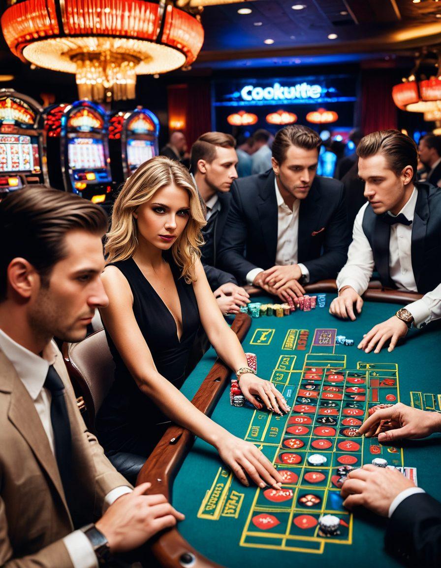 A vibrant casino scene featuring a diverse group of people engaged in various gambling activities like poker, roulette, and slot machines. Include detailed elements such as colorful chips, cards, and glowing neon lights to reflect the thrill of gambling. Add a backdrop of a luxurious casino with a chandelier to enhance the atmosphere. The image should convey excitement and strategy with a blend of facial expressions showing focus and joy. super-realistic. vibrant colors. neon lights.